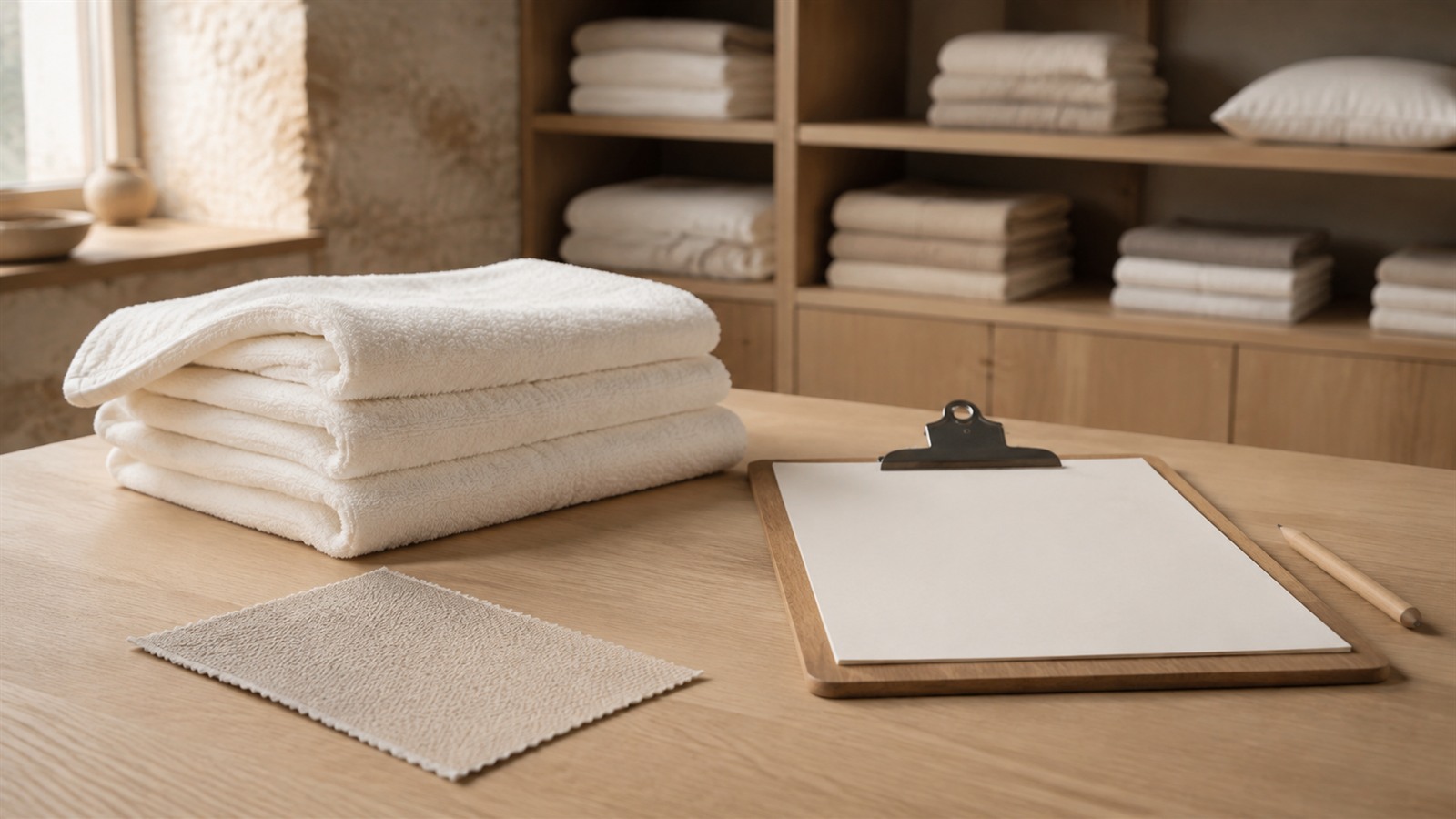 Unmarkierte elfenbeinfarbene Frotteehandtücher liegen neben einer leeren Klemmbrettunterlage und einem Stoffmuster auf einem hellen Holztisch