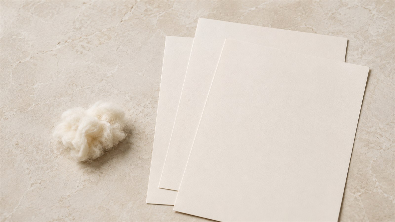 Eine helle Faserprobe neben drei leeren Papierblättern auf einer Steinfläche