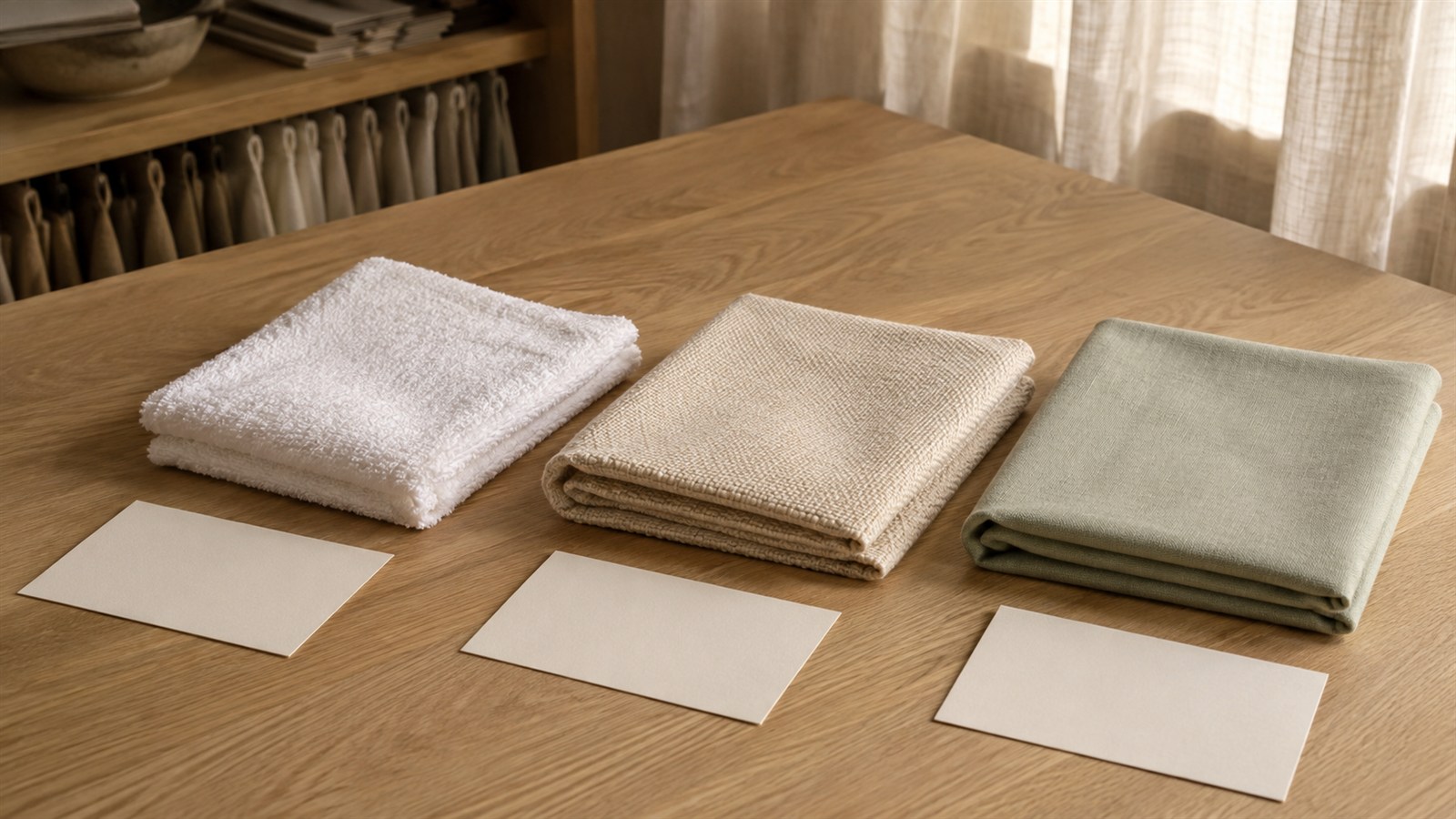 Drei unmarkierte Stoffmuster in Weiß, Naturbeige und hellem Salbeigrün neben drei leeren Karten auf einem warmen Holztisch