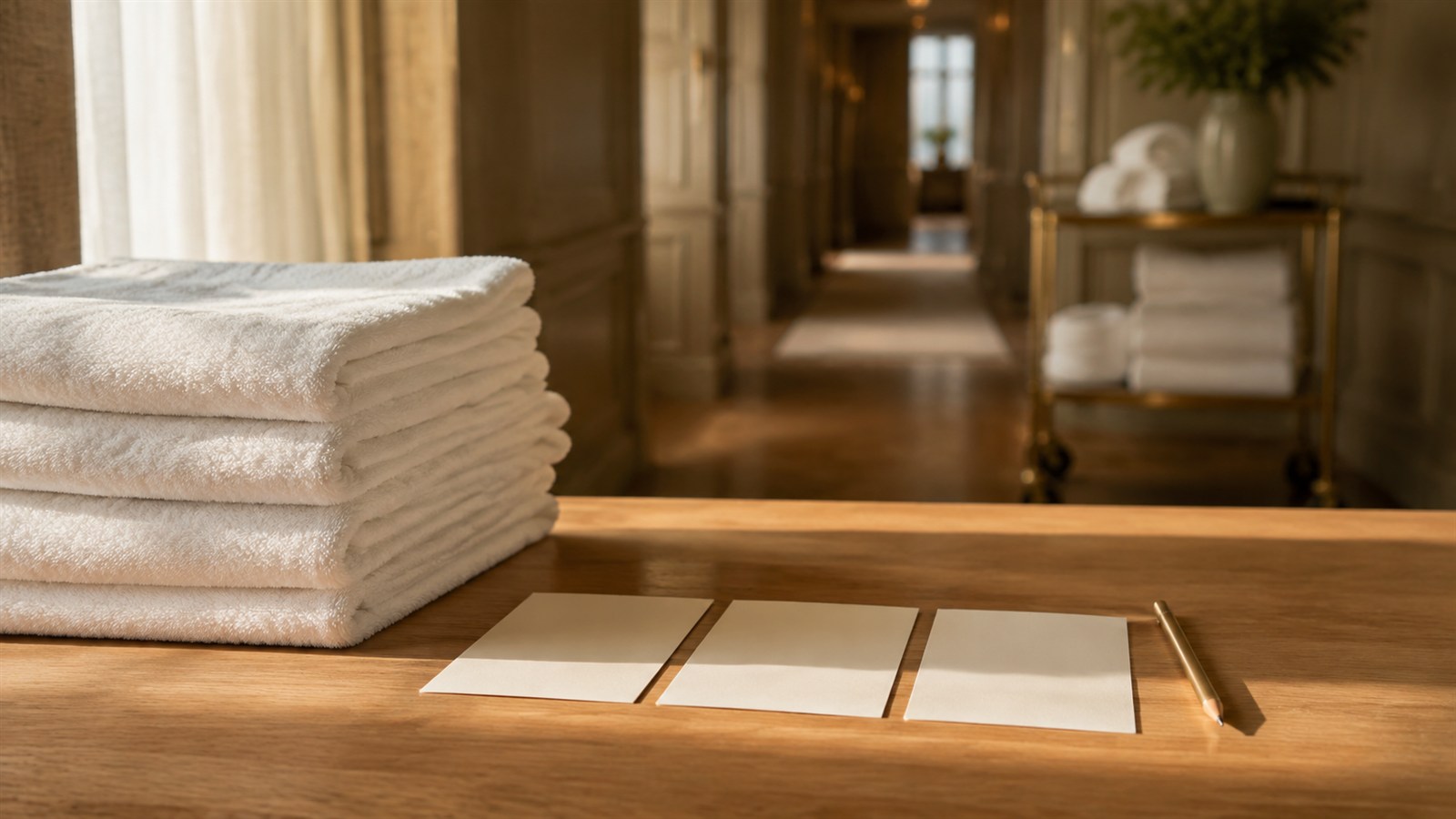 Stapel weißer Handtücher, drei leere Karten und ein Stift auf einem Holztisch vor einem Hotelgang