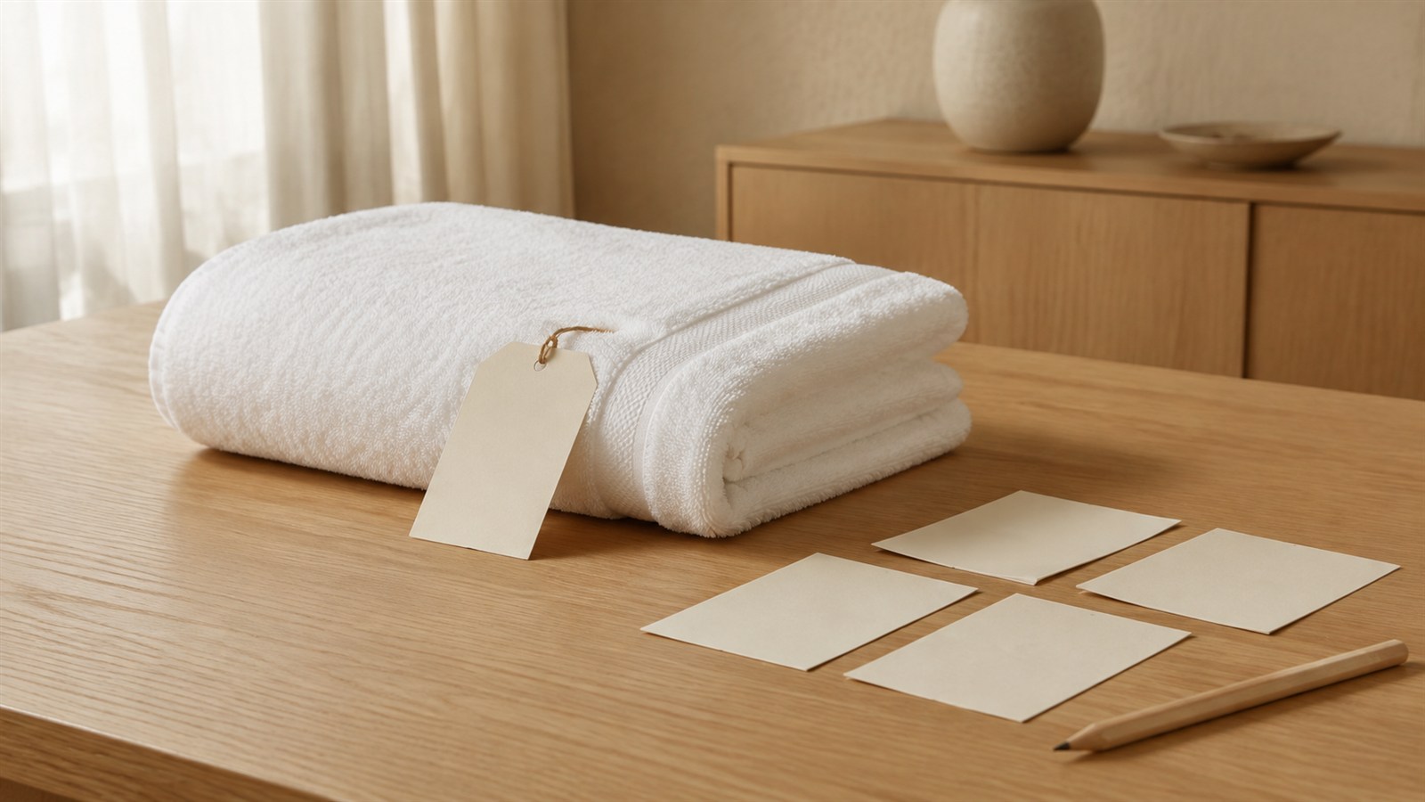 Ein weißes Handtuch, ein kleines unbedrucktes Produktetikett, drei leere Karten und ein Bleistift auf einem hellen Holztisch