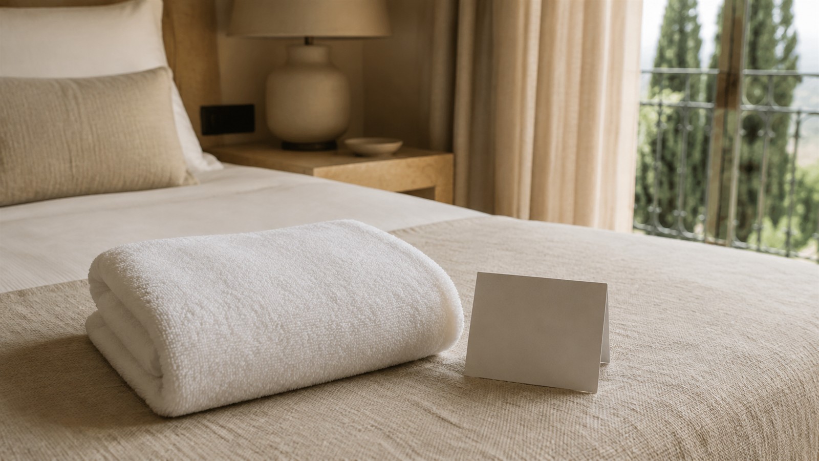 Ein unmarkiertes weißes Frottierhandtuch auf einer beigefarbenen Tagesdecke in einem ruhigen Hotelzimmer neben einer leeren Klappkarte