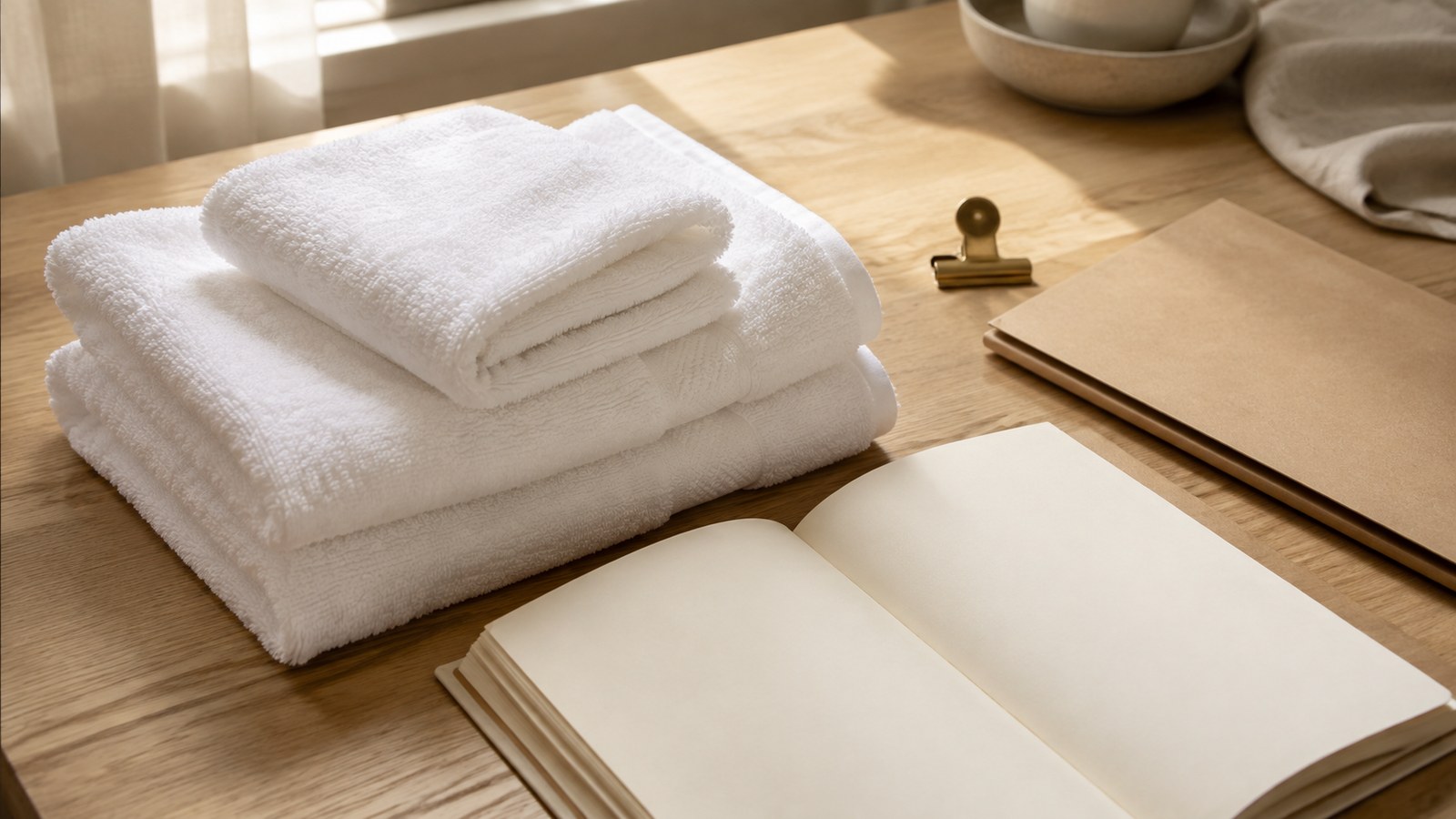 Unmarkierte weiße Hotelhandtücher, ein offenes Notizbuch und eine schlichte Papiermappe auf einem hellen Holztisch