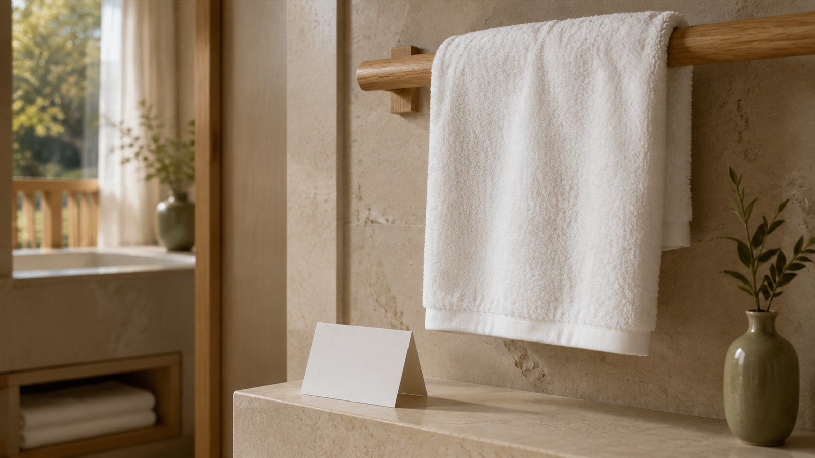 Ein unmarkiertes weißes Frottierhandtuch an einer hellen Holzstange in einem ruhigen Hotelbad neben einer leeren Klappkarte