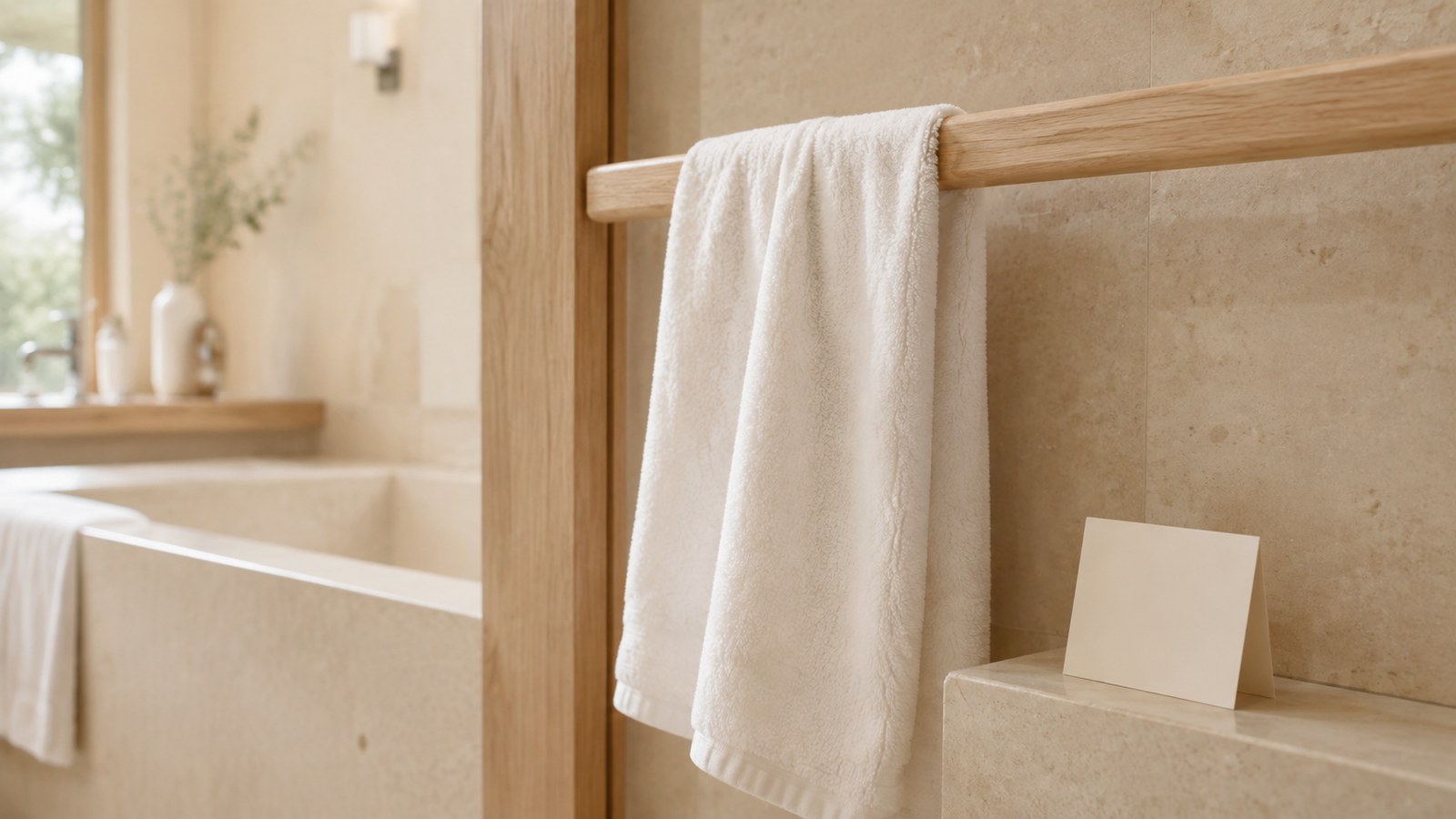 Unmarkiertes weißes Frottierhandtuch hängt locker an einer hellen Holzstange neben einer leeren Klappkarte in einem ruhigen Hotelbad
