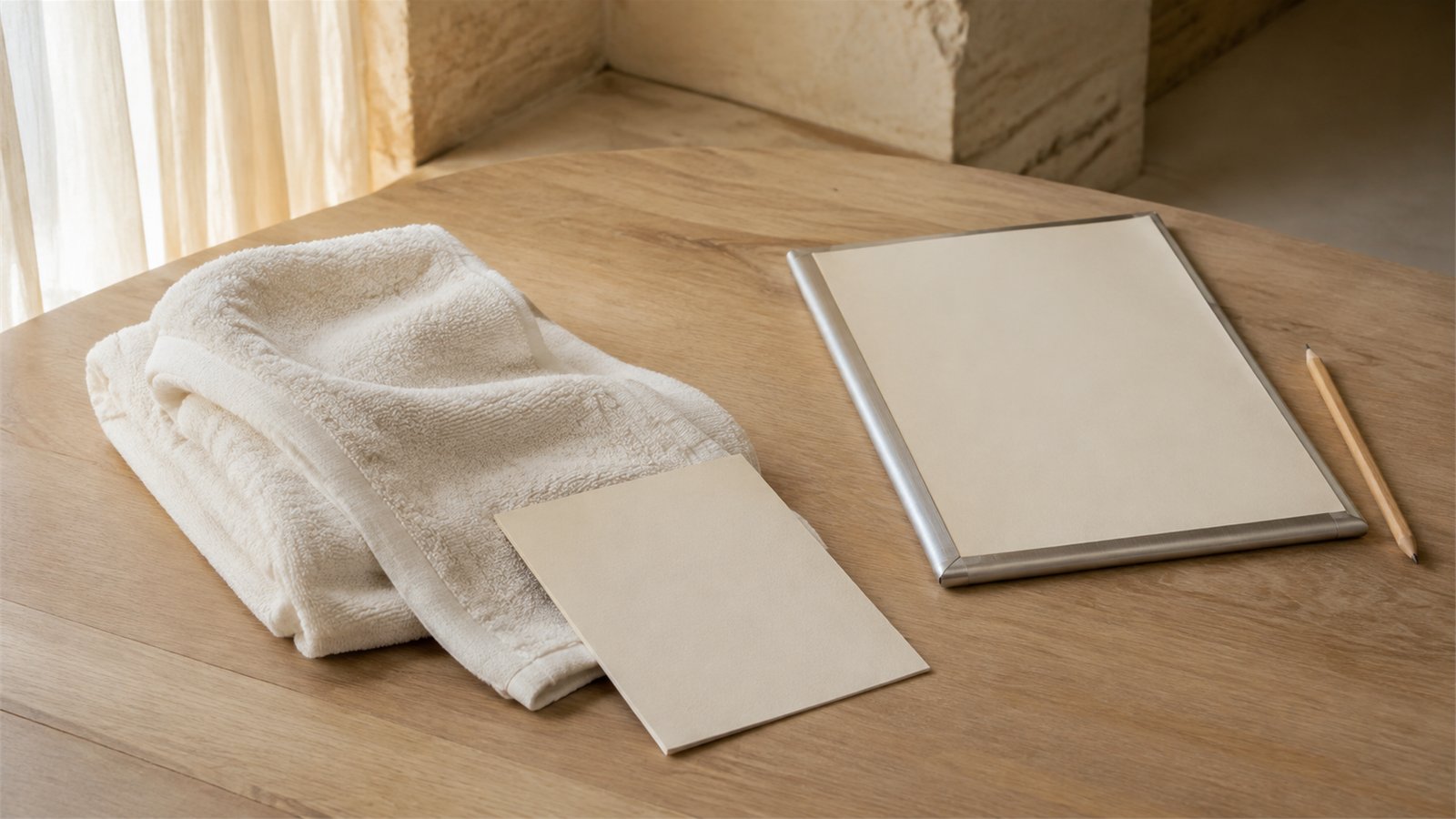 Unmarkiertes elfenbeinfarbenes Frotteehandtuch neben einer leeren Musterkarte, einer leeren Projektmappe und einem Bleistift auf einem Holztisch