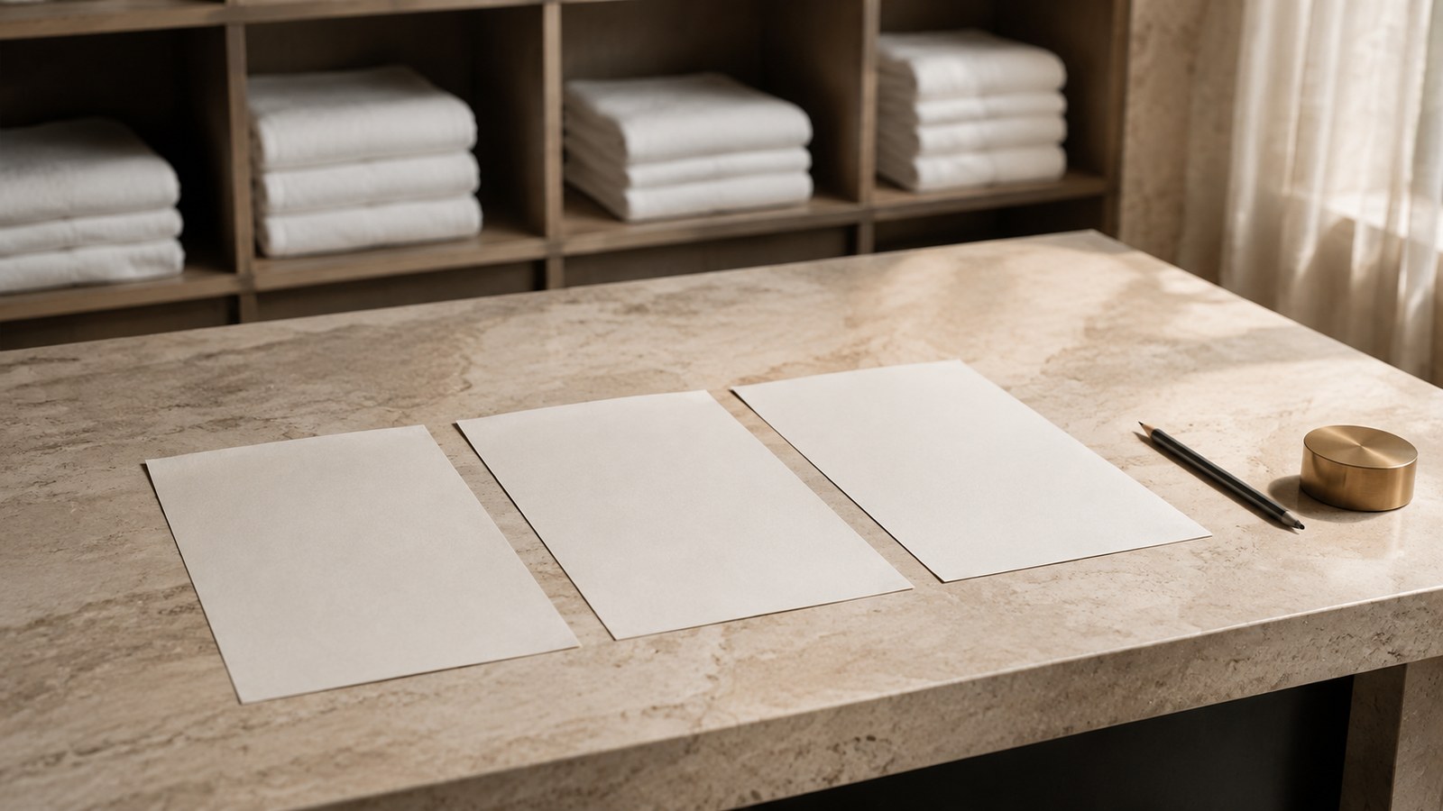 Drei leere, unbeschriftete Papierbögen auf einem hellen Travertintisch vor einem Regal mit gefalteten weißen Handtüchern, daneben ein Bleistift und ein kleiner Messingbeschwerer