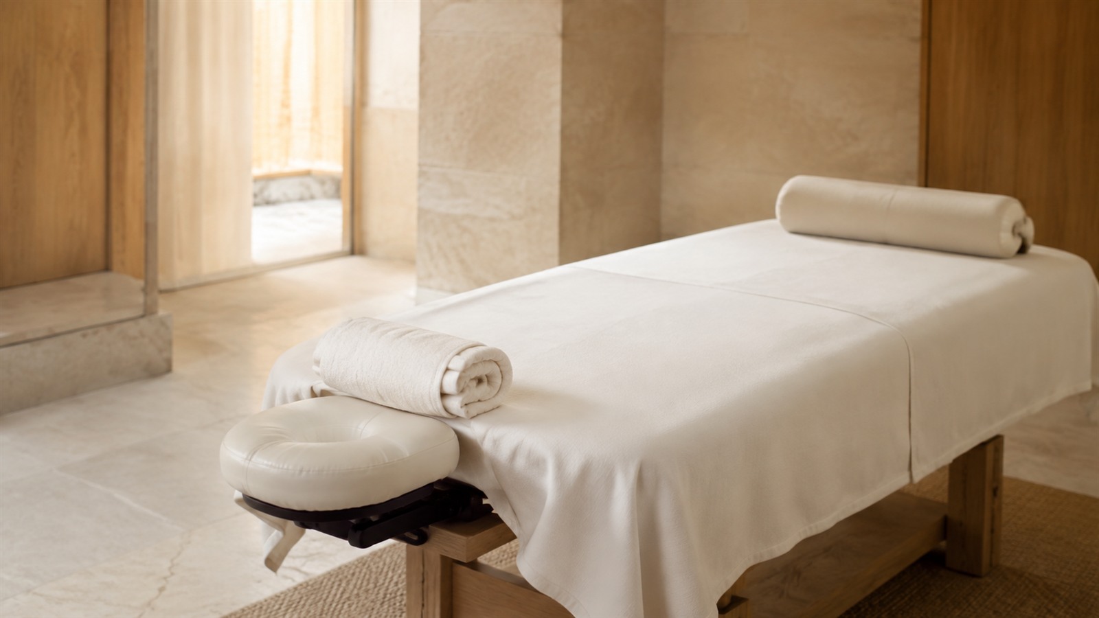 Ruhige, unbesetzte Massageliege mit einer frisch gefalteten hellen Stoffauflage, gerolltem Handtuch und Kopfstütze in einem warmen, unmarkierten Spa-Raum