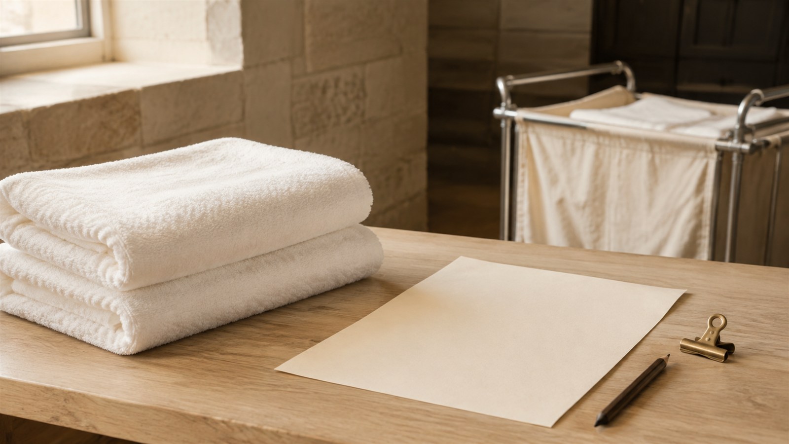 Zwei Stapel unmarkierter weißer Frottierhandtücher auf einem Holztisch neben einem leeren Blatt Papier, Bleistift und Metallklemme in einem ruhigen Wäschebereich