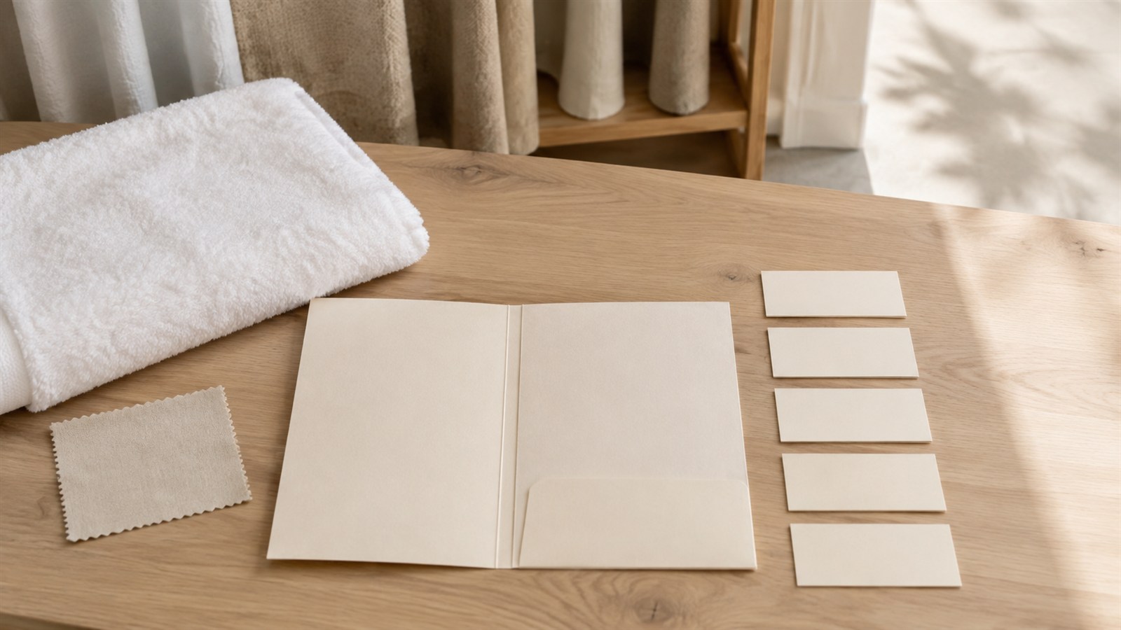 Ein unmarkiertes weißes Frottierhandtuch, ein schlichtes Stoffmuster und fünf leere cremefarbene Karten neben einer offenen Mappe auf hellem Holz