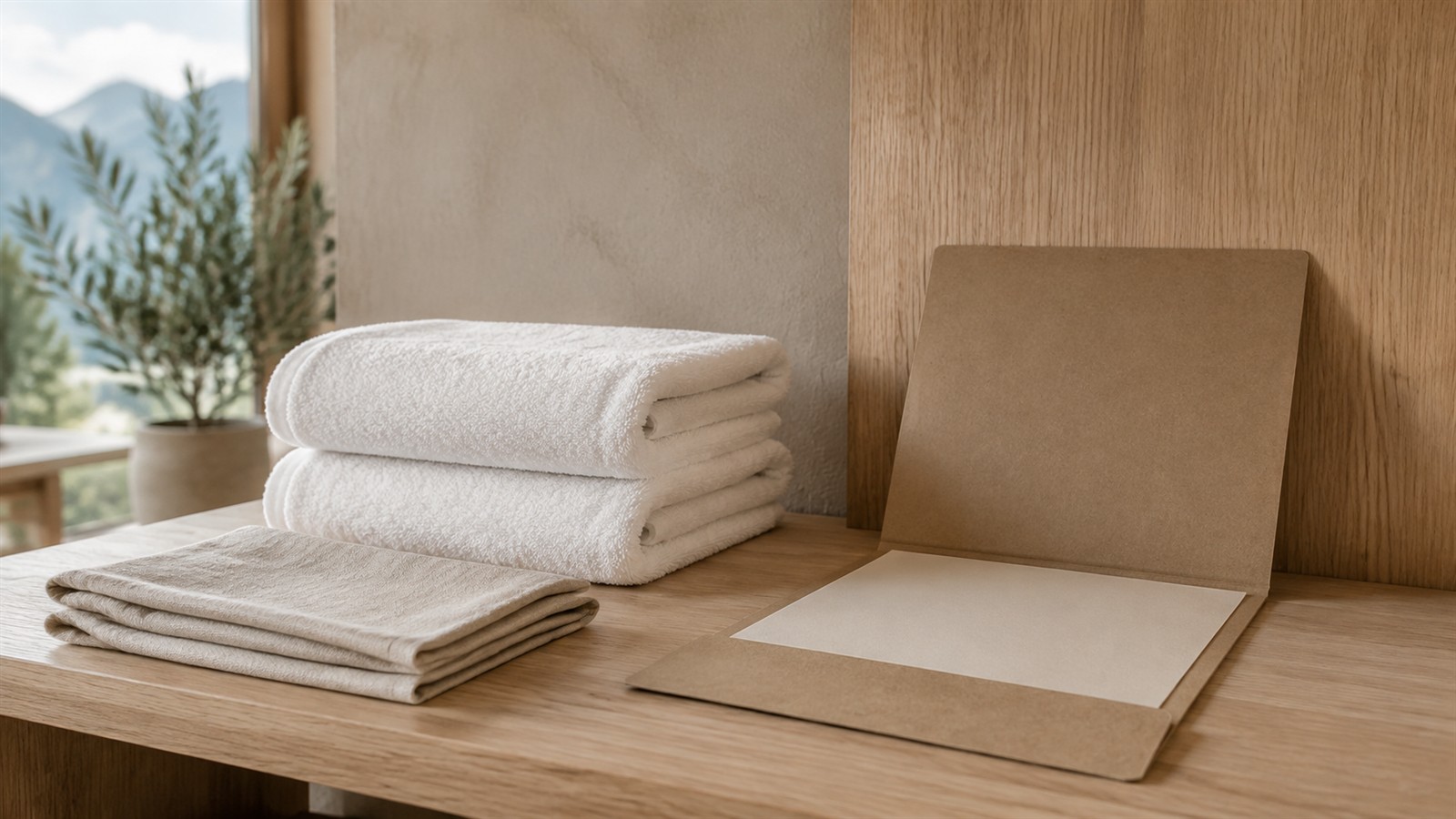 Zwei Stapel unmarkierter weißer und naturfarbener Textilien neben einer offenen leeren Kraftpapiermappe auf einem hellen Holzregal