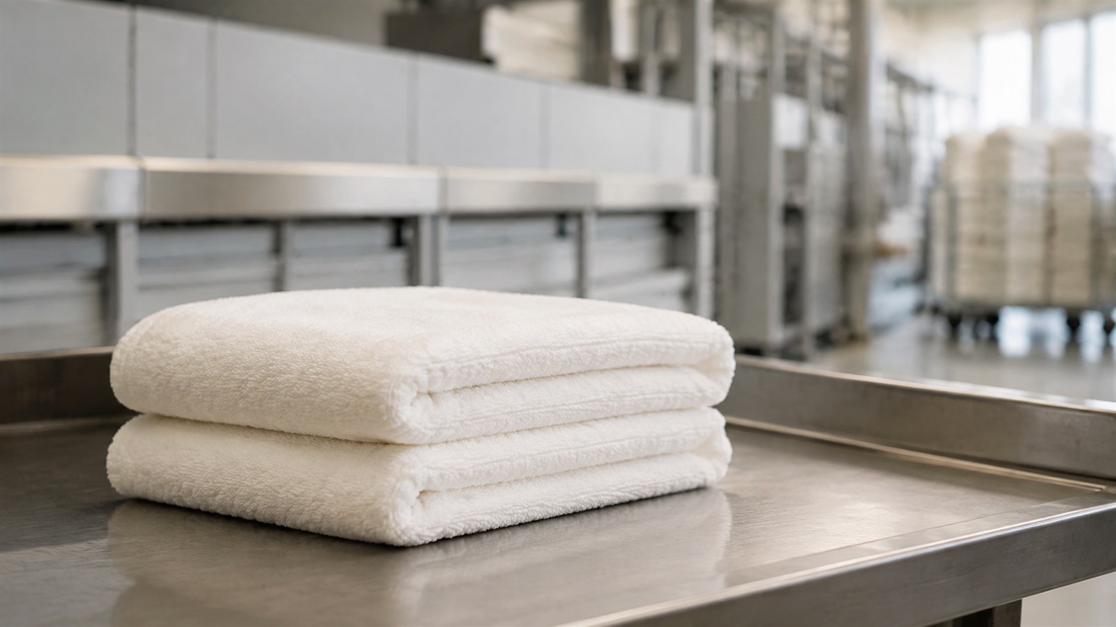 Zwei unmarkierte weiße Frottierhandtücher auf einer Edelstahl-Übergabefläche vor einer unscharfen industriellen Wäscheanlage