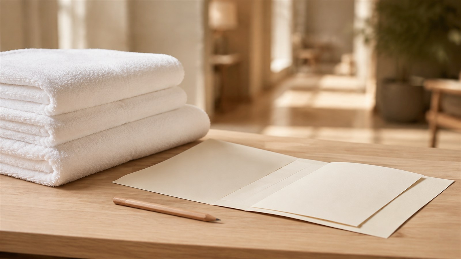 Gefaltete weiße Handtücher, leere Papierbögen und ein Bleistift auf hellem Holz vor einem warmen Hotelinterieur