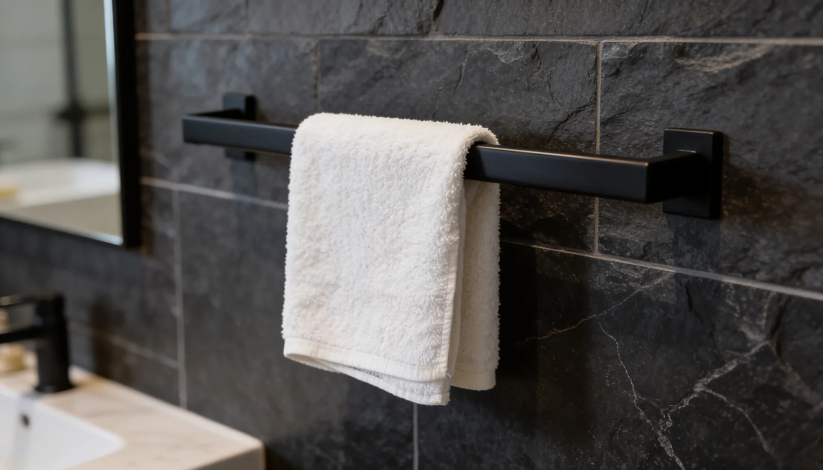 Weißes Handtuch an einer dunklen Handtuchstange im Hotelbad