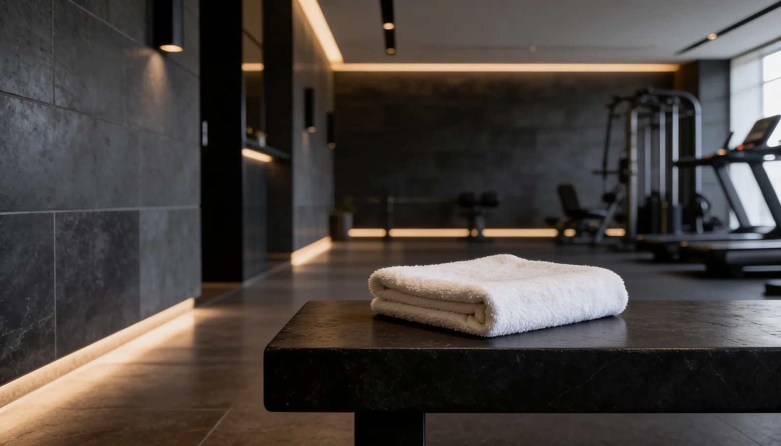 Zwei gefaltete weiße Handtücher in einem ruhigen Spa-Bereich
